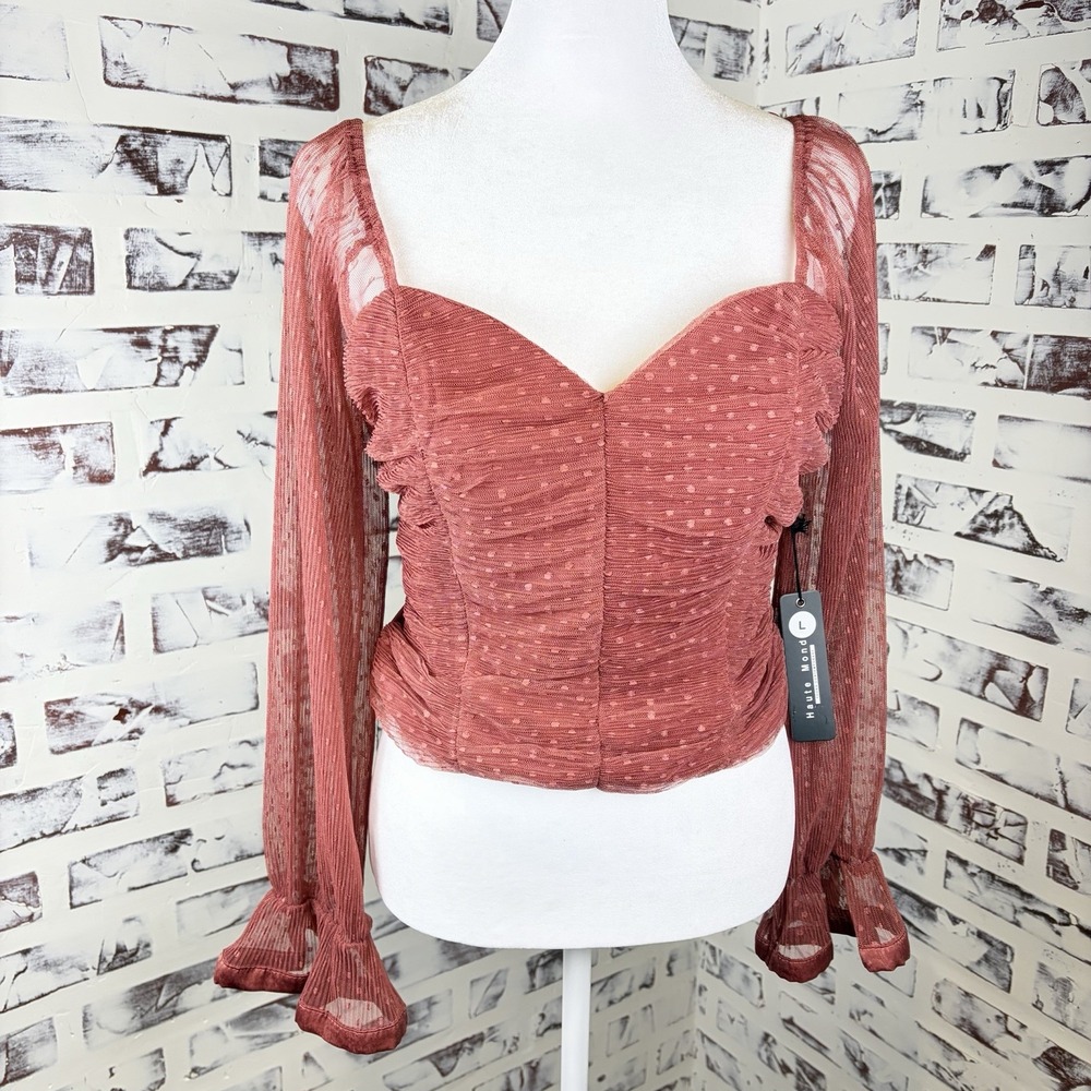Haute Monde NWT Woman's Crop Top Size L Mauve Ruched Feminine Sheer Coquette